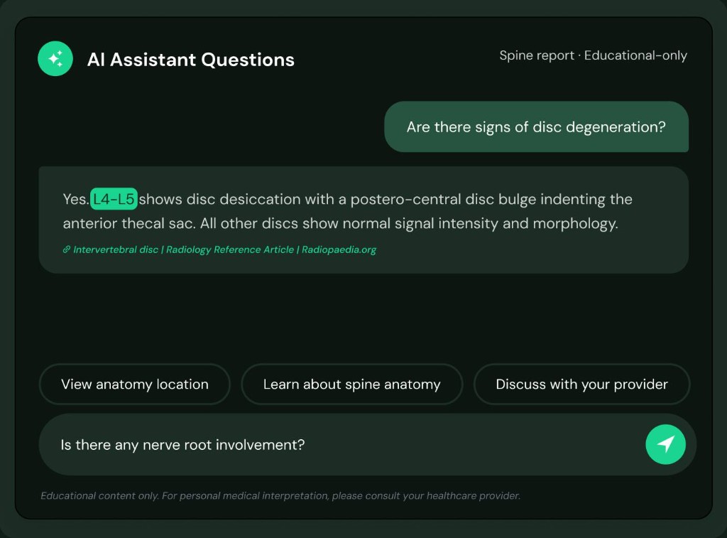 Referring physician using MedSee AI assistant to ask questions about a radiology report
